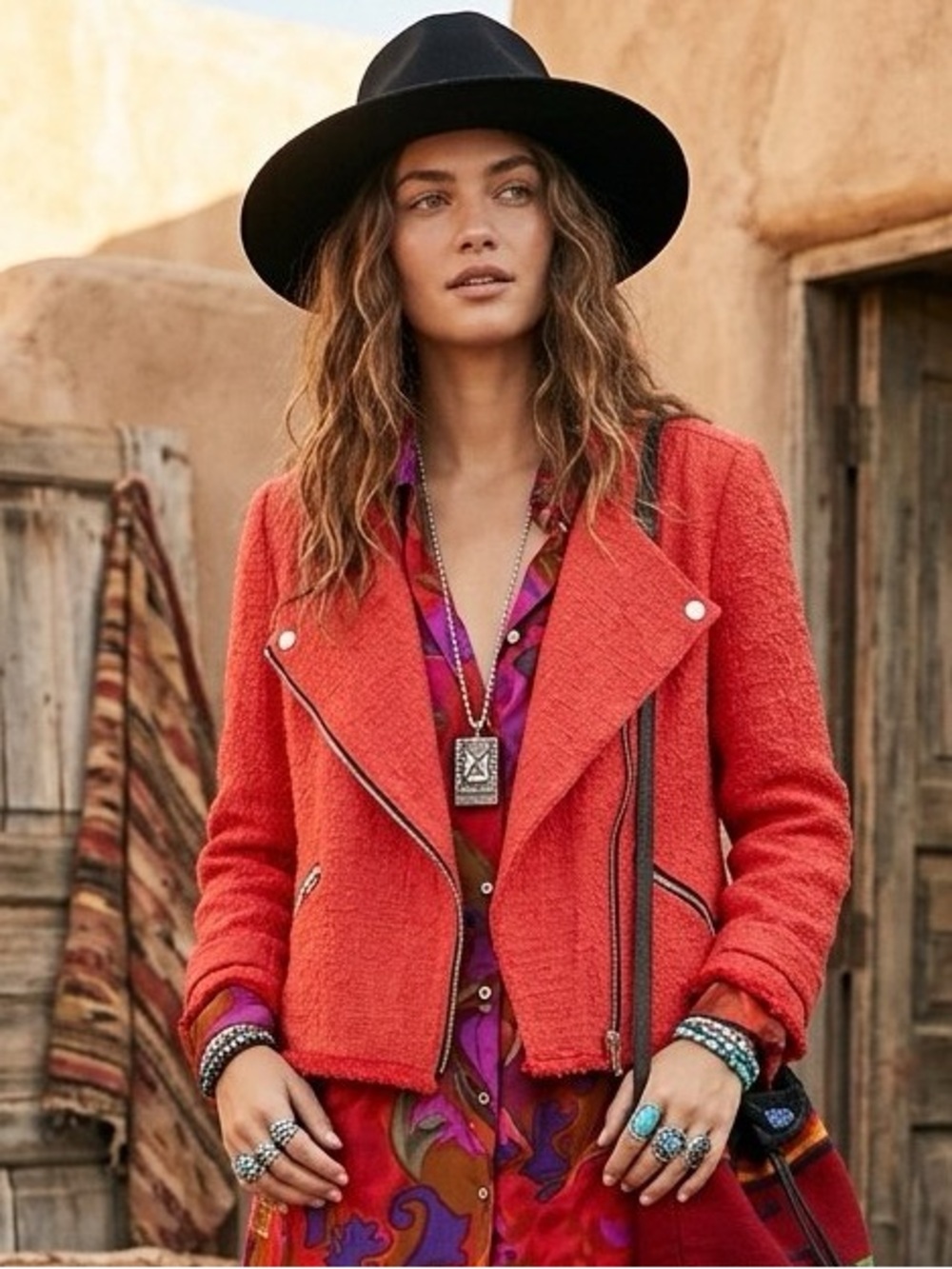 Stunning Red fall tweed Moto Jacket w cabin boho chic vibe